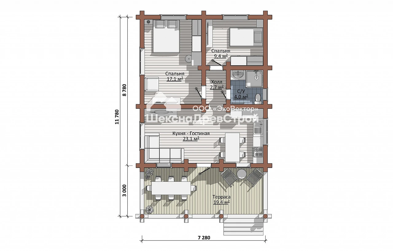 Дом из оцилиндрованного бревна Бр-23