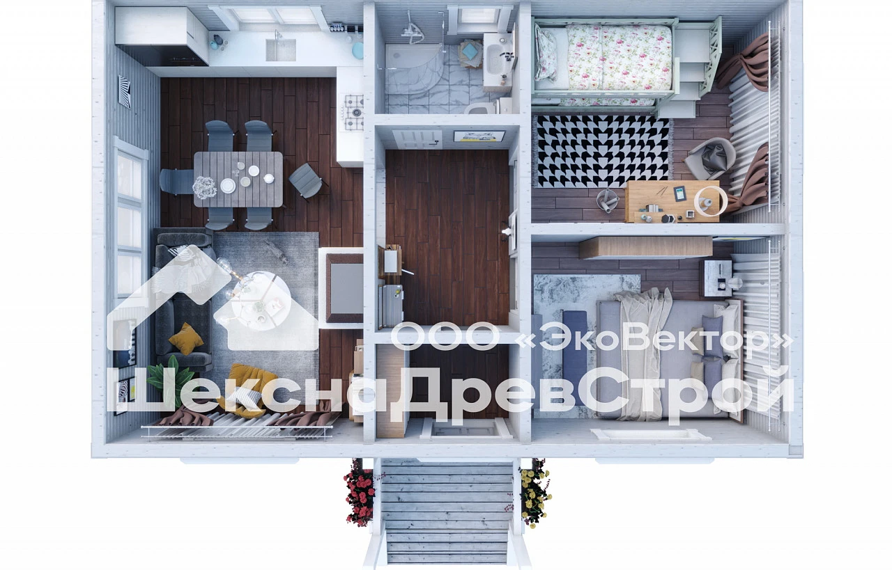 Одноэтажный дом из профилированного бруса с размерами 6х9м.- Б-60 Снежок