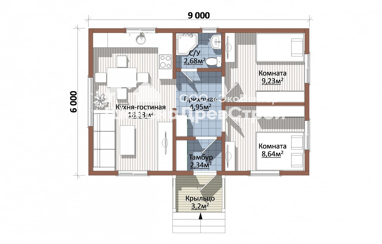 Одноэтажный дом из профилированного бруса с размерами 6х9м.- Б-60 Снежок